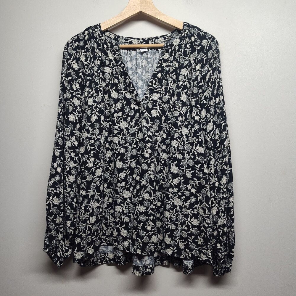 Old Navy Tunic Top Women L Black Tan Floral Long Sleeve V-Neck Spring Bohemian